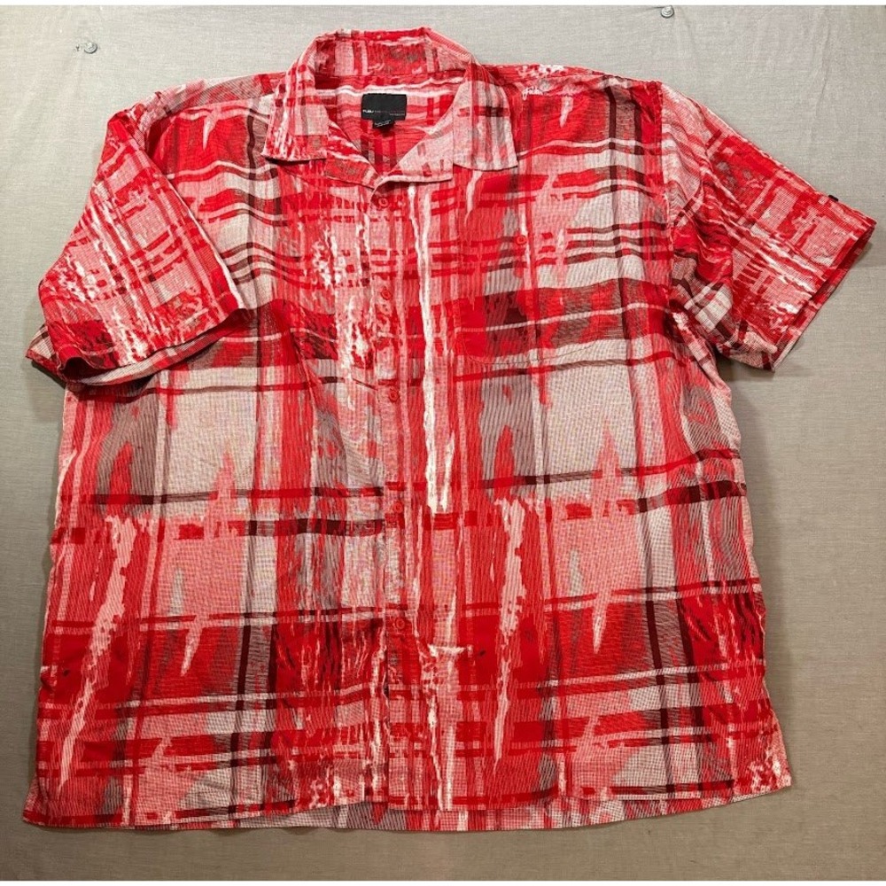 FUBU Mens Red‎ Plaid Abstract Print Short Sleeve Button Up Shirt Size 3XL